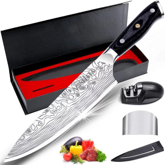 MOSFiATA 8 Super Sharp Professional Chef's Knife with Finger Guard and Knife Sharpener, German High Carbon Stainless Steel 4116 with Micarta Handle and Gift Box