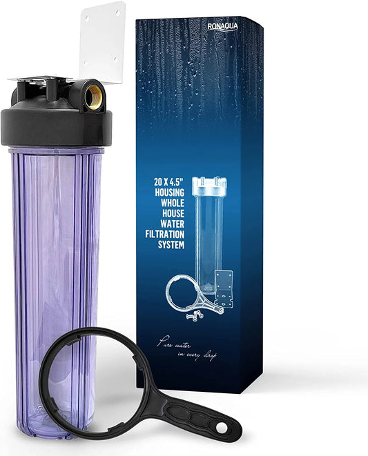 High Capacity 20 x 4.5 Whole House Filter Purifier System for Well or City Water, Presser Relief Button, 1 NPT Brass Port, Double O-ring, Meets NSF Standards & Regulations (Transparent, 1 Set)