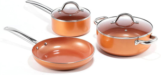 Excellent Nonstick Pots and Pans Set Copper  5 Piece Aluminum Fry Pan Cookware Set for Kitchen Induction Cooktop  PFOA Free  Dishwasher and Oven Safe  Orange