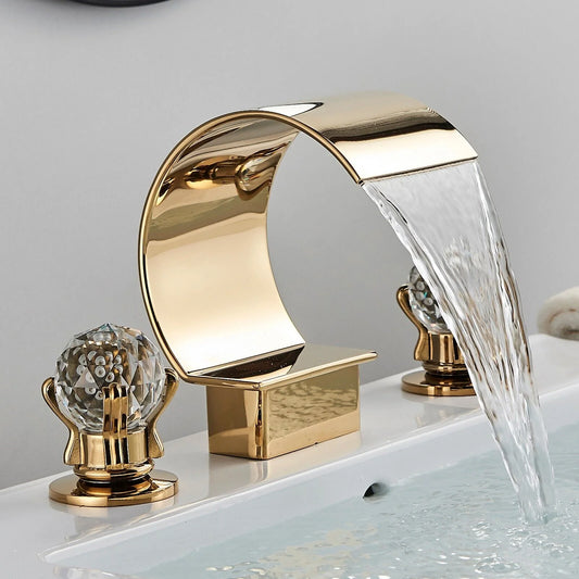 LIFFSSDG Gold Bathroom Faucet for Sink 3 Hole, 2 Handle Crystal Knobs High Arc Waterfall Spout Vanity Basin Mixer Tap, 8 Inch Widespread Bathtub Filler Faucet