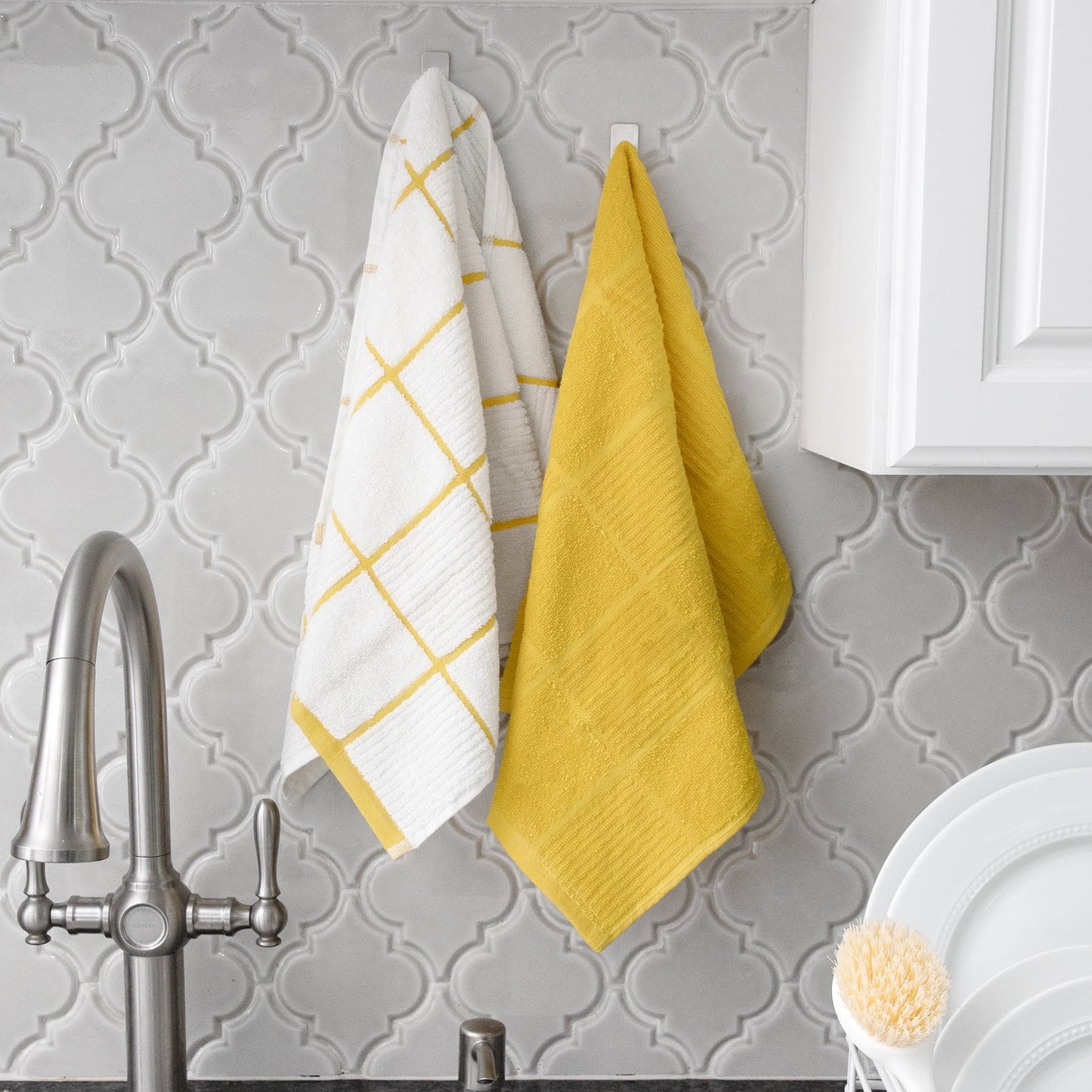 Solid and Check Parquet Kitchen Towel, Six Pack, Lemon