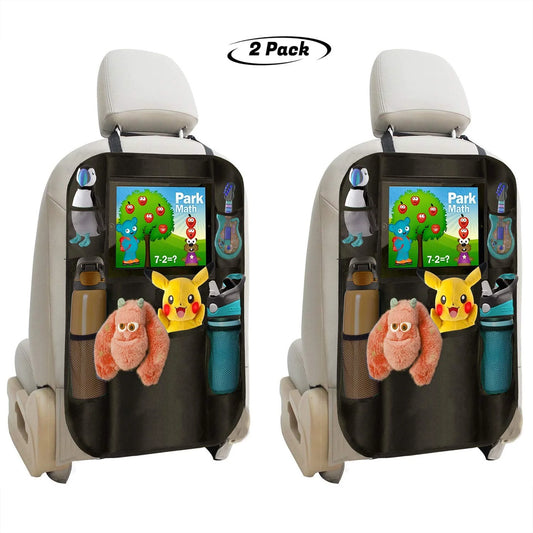 lebogner Backseat Organizer + iPad and Tablet Holder, 2 Pack X-Large Multifunctional 5 Pocket Storage Car Seat Back Organizer and Kick Mat Protectors, to Organize All Baby, Kids Travel Accessories
