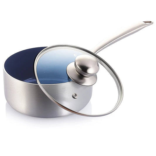 Eternal Living Nonstick Saucepan Stainless Steel and Ceramic Infused Sauce Pan with Lid, Blue 2 qt