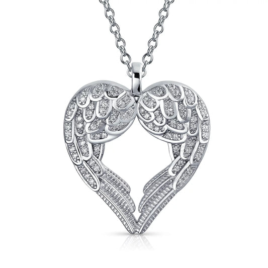 Bling Jewelry Large Angel Wing Heart Cubic Zirconia .925 Sterling Silver Pendant Necklace