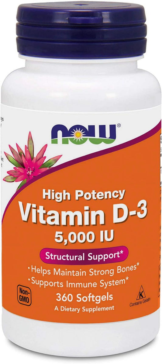 Now Foods Vitamin D3 (Cholecalciferol) - 5,000 IU, 360 Softgels - High Potency Bone Health and Immunity Support Supplement, Mood Booster - Halal, Kosher - 360 Count (Pack of 1)