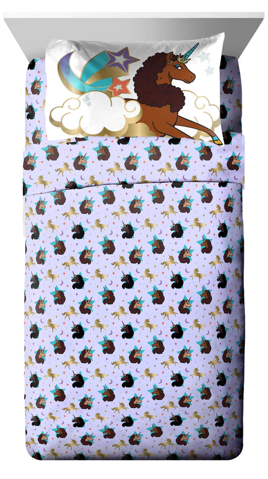 Afro Unicorn Kids 3-Piece Twin Sheet Set, Microfiber, Purple, Afro Unicorn