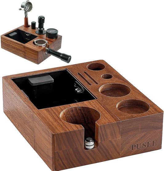 LIHONG Knock Box, 54MM Accessories Organizer Box Fit for Storage 51 to 54MM Tamper, Distributor, Portafilter & Puck Screen Accessories, Station Natural Walnut