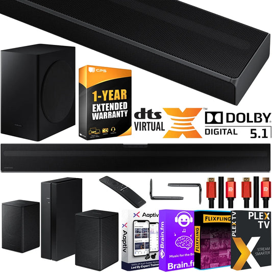 Samsung HW-Q60T 5.1ch Acoustic Beam Soundbar with Wireless 3D Surround Sound Rear Speaker Kit Dolby Digital 5.1 DTS Virtual:X Bundle With 2x Deco Gear HDMI Cables + Streaming Kit + Extended Warranty