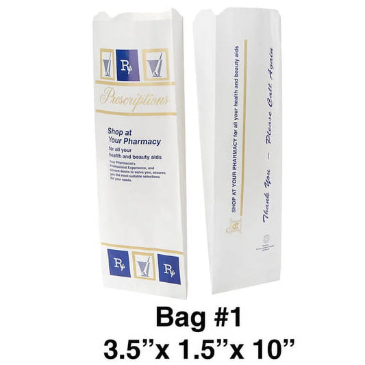 Pharmacy Prescription Bags White, Gold and Blue Color (Rx Bag, Paper Bag, Medicine Bag, Lunch Bag, Party Favor Bag) 3.5 x 1.5 x 10 inches - Qty 100