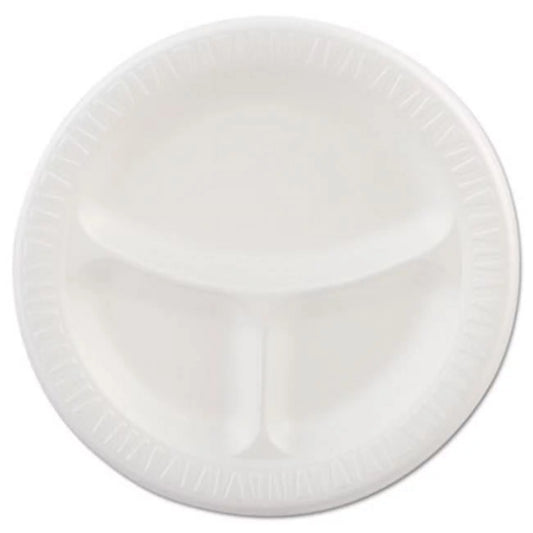Dart Quiet Classic Laminated Foam Plates, 3-Compartment, 9 dia, White, 125/Pack, 4 Packs/Carton