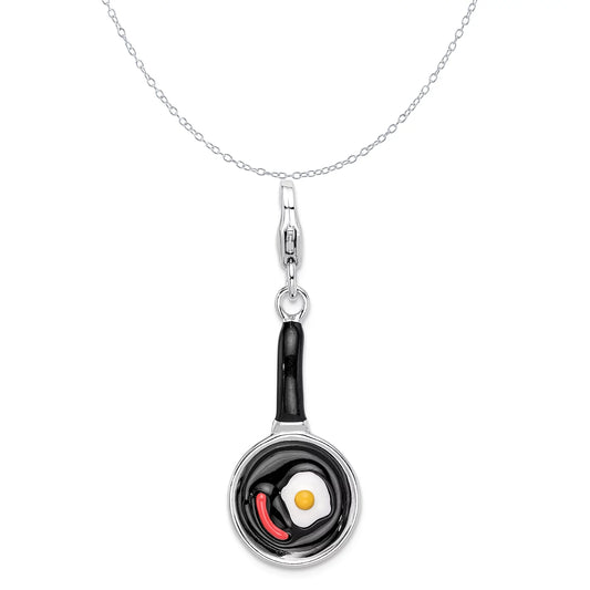 Carat in Karats Sterling Silver Polished Finish Rhodium-Plated 3-D Enameled Frying Pan With Food Charm With Fancy Lobster Clasp Pendant (27mm x 13mm) With Sterling Silver Cable Chain Necklace 20''