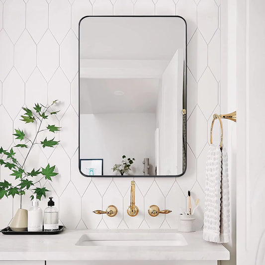 Bathroom Mirror 24x36 inch, Modern Round Corner Vanity Wall Mirror, Framed, Black