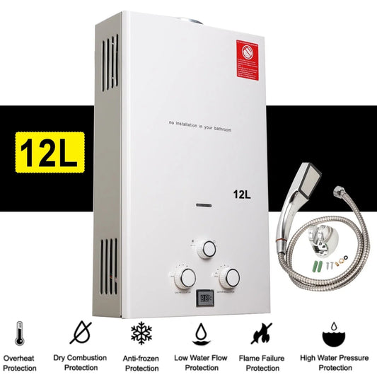 SUDEG 12L 3.2 GPM Portable Gas Water Heater Propane Gas for Camping Shower Outdoor 24KW