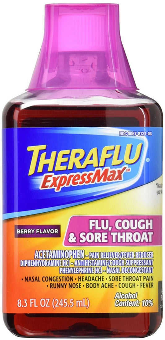 Theraflu ExpressMax Relieves Flu Cough & Sore Throat Syrup 8.30 oz, 3-Pack
