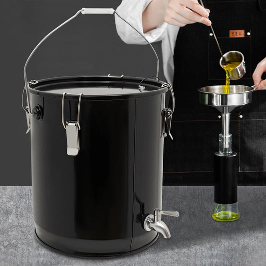 Black Fryer Grease Bucket,Oil Disposal Caddy Oil Handling Drum with Faucet and Rust-Proof Coating,Lid & Lock Clips,Oil Caddy w/Filter Bag For Cooking Oil Filtration Storage and Transport 6Gal