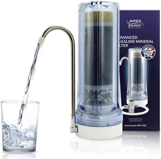 APEX MR-1050 Countertop Water Filter, 5 Stage Mineral pH Alkaline Easy Install Faucet Water Filter - Reduces Heavy Metals, Bad Taste and Up to 99% of Chlorine - Clear