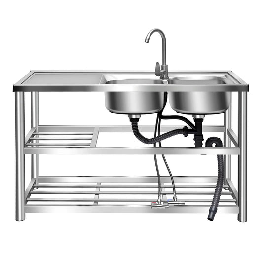 Silver Commercial Sink Stainless Steel  Kitchen Utility Sink 2 Compartment & Prep Table Free Stand