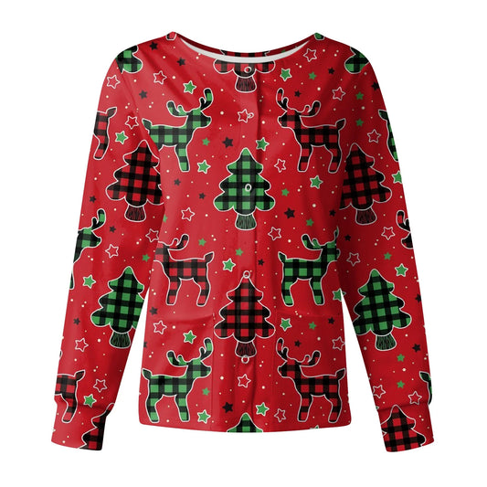 Royallove Women's Casual Fashion Stand-up Collar Scrubs Single Breasted Christmas Printed Nurse's Uniform Top