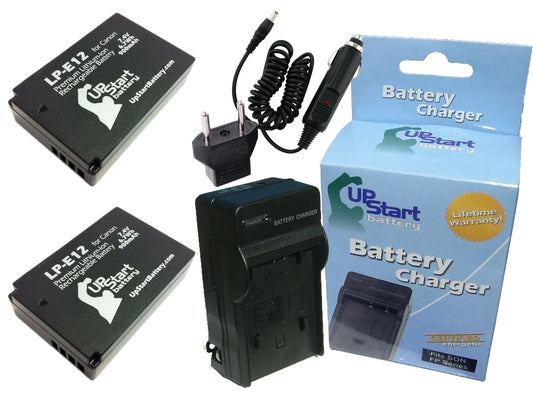 2x Pack - Canon EOS Rebel SL1 Battery + Charger with Car & EU Adapters - Replacement for Canon LP-E12 Digital Camera Battery and Charger (900mAh, 7.4V, Lithium-Ion)