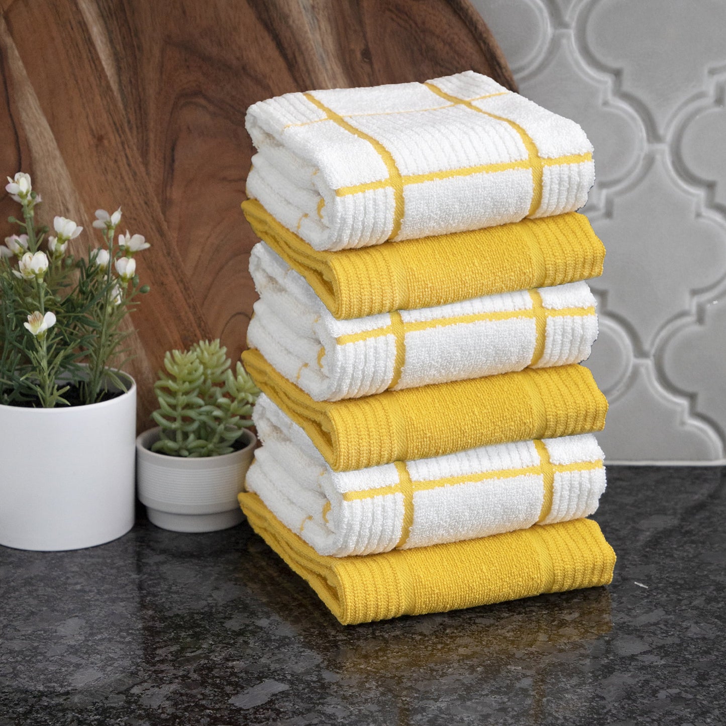 Solid and Check Parquet Kitchen Towel, Six Pack, Lemon