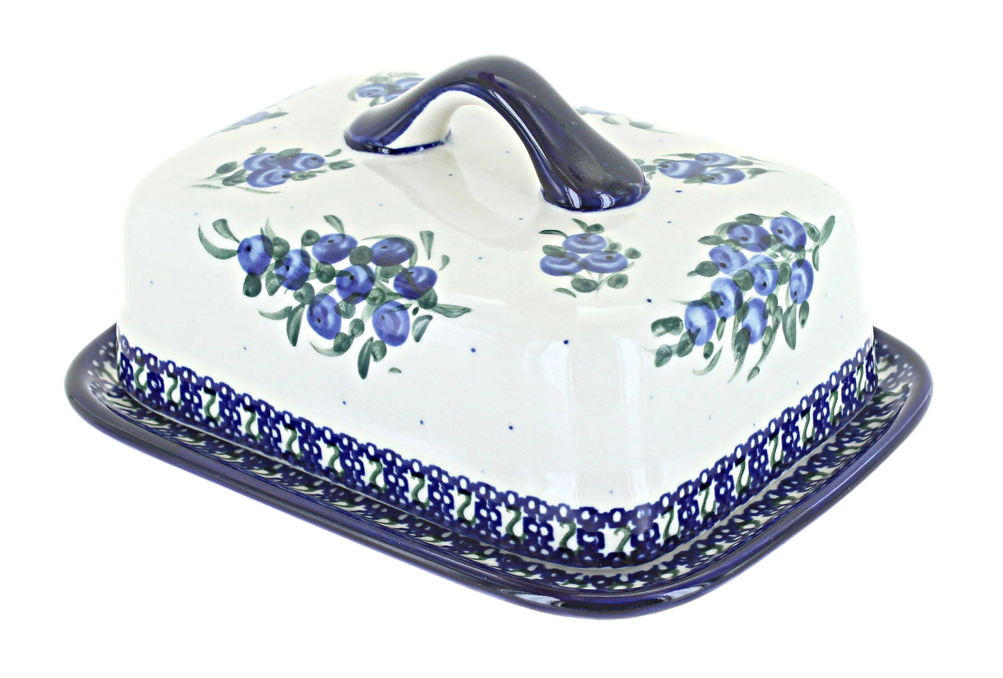 Blue Rose Polish Pottery Backyard Blueberry Square Butter Dish