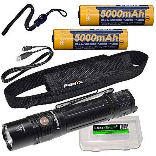 Fenix PD36R 1600 Lumen Type-C USB rechargeable LED tactical Flashlight, 2 X batteries with EdisonBright charging cable carry case bundle
