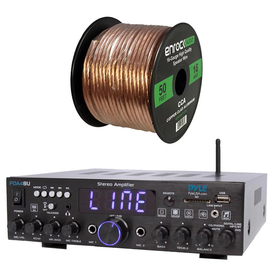 Pyle Wireless Bluetooth Stereo Amplifier-Multi-Channel 200 Watt Peak Power Amplifier Home Audio Receiver System Bundle Combo with 16 AWG Gauge 50 Feet Speaker Wire Cable