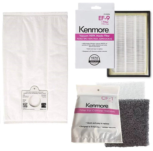 6 Kenmore Type C/Q HEPA Filtration Canister Vacuum Bags, 1 Kenmore CF1 81002 Motor Chamber Filter, 1 Kenmore EF9 53296 HEPA Exhaust Filter, Fits Elite 21814