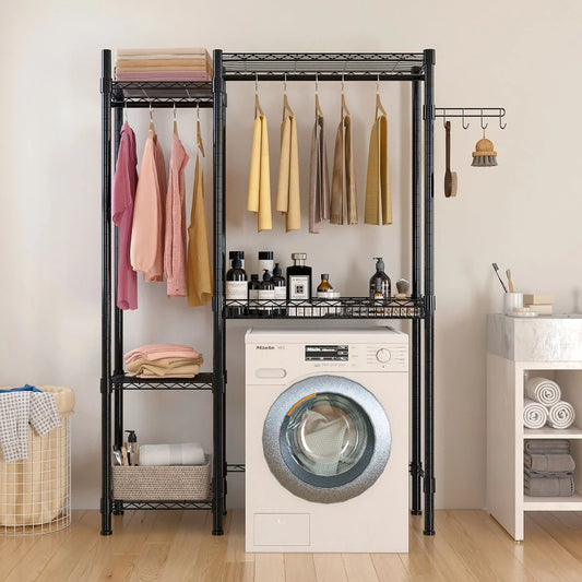Knocbel Wire Garment Rack Portable Closet Organizer Heavy Duty Metal Clothes Storage Shelf with Hooks and Clothes Hanger for Laundry Room Bathroom, 46.06W x 13.78D x 76.4H Black