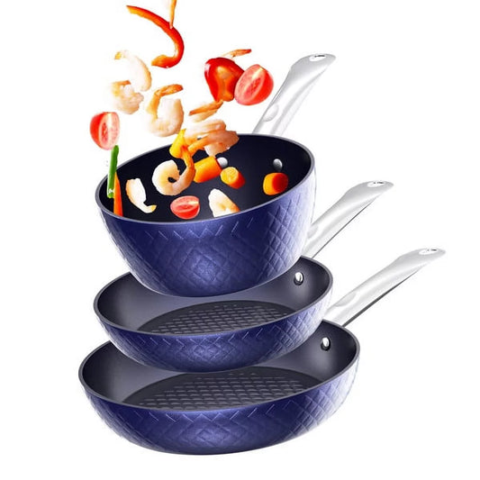 Kitchen Frying Pan Sets Non Stick 3Pieces, Blue 3D Diamond Cookware, 20/24cm Frying Pan, 18cm Saucepan - Pots and Pans Set, Aluminum Ceramic Coating - Suitable for Induction Hob Oven