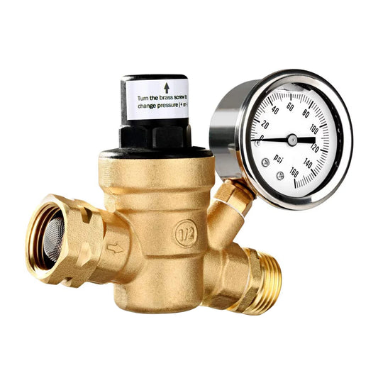 moobody Brass Water Pressure Regulator Valve for RV Travel Trailer, Adjustable Reducer with Gauge and Inlet Screened Filter