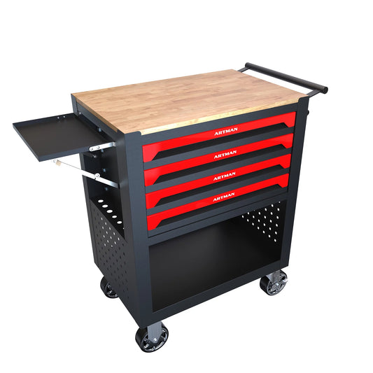 4 Drawers Rolling Tool Chest Multi-Functional Tool Cart with Wheels & Wooden Top Workbench, Workshop Tool Organizer Cabinet