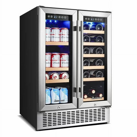 Aobosi 24in Wine and Beverage Refrigerator 2-in-1 for 18 Bottles & 57 Cans with Temperature Adjustment for Built-in & Freestanding, Dual Zone Wine Cooler Fridge