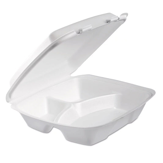 Dart Foam Hinged Lid Container, Performer Perforated Lid, 3-Compartment, 9 x 9.4 x 3, White, 100/Bag, 2 Bag/Carton